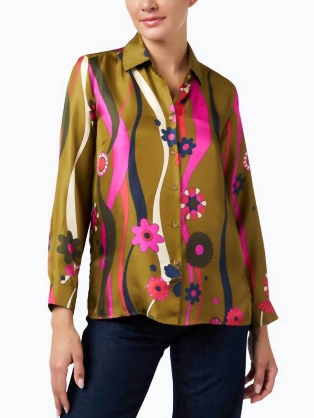 VILAGALLO Irina Button Down 100% Silk Blouse Multi Color Size 40 (Large)